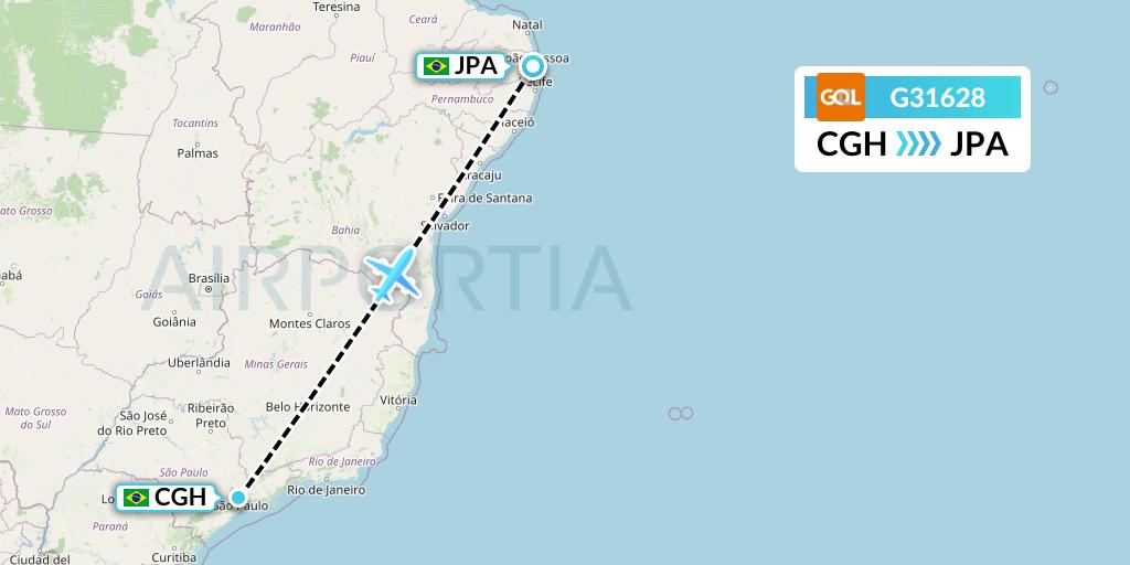 G31628 GOL Transportes Aeros Flight Map: Sao Paulo to Joao Pessoa