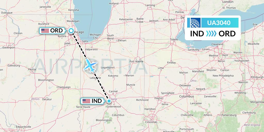 UA3040 United Airlines Flight Map: Indianapolis to Chicago