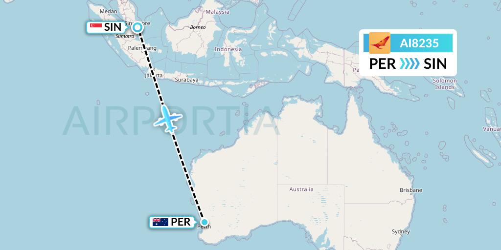 AI8235 Air India Flight Map: Perth to Singapore