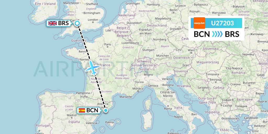 U27203 EasyJet Flight Map: Barcelona to Bristol