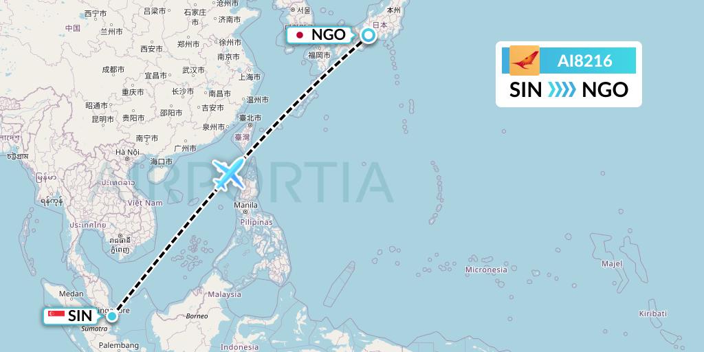 AI8216 Air India Flight Map: Singapore to Nagoya