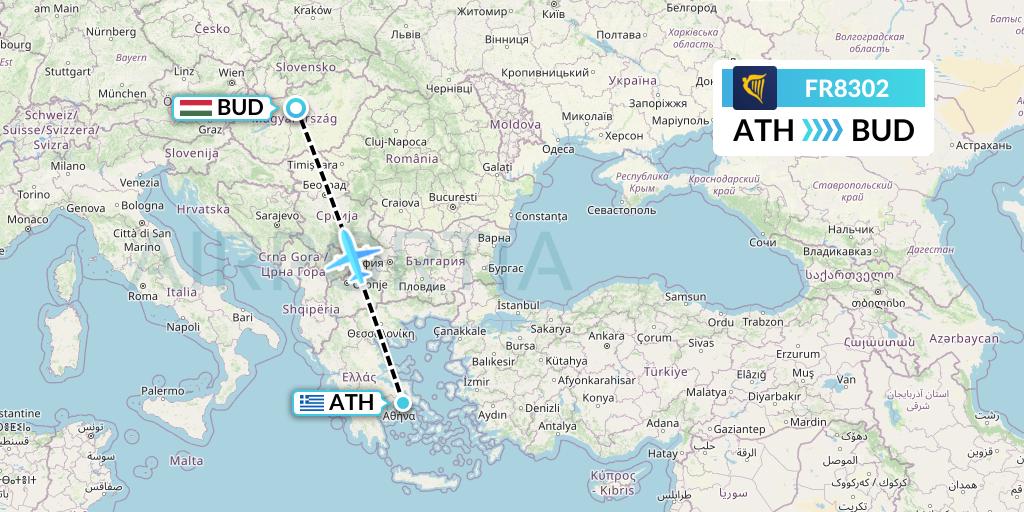 FR8302 Ryanair Flight Map: Athens to Budapest