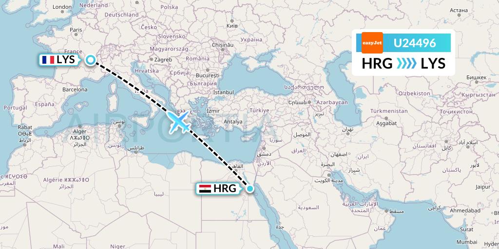 U24496 EasyJet Flight Map: Hurghada to Lyon