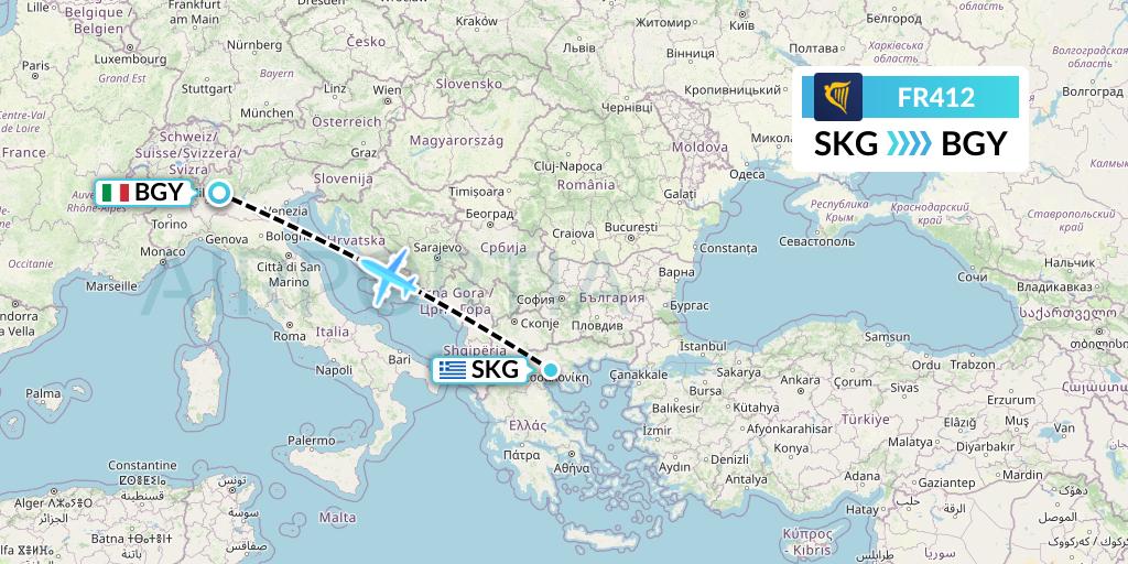 FR412 Ryanair Flight Map: Thessaloniki to Milan