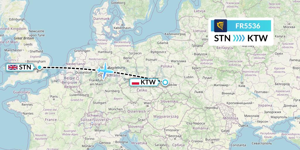 FR5536 Ryanair Flight Map: London to Katowice