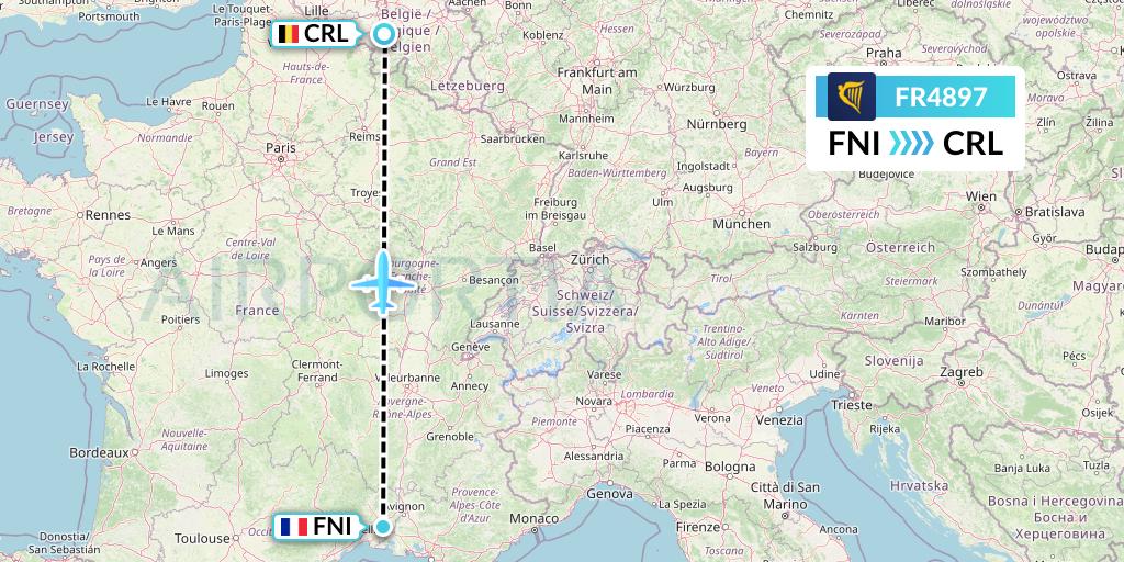FR4897 Ryanair Flight Map: Nimes to Brussels
