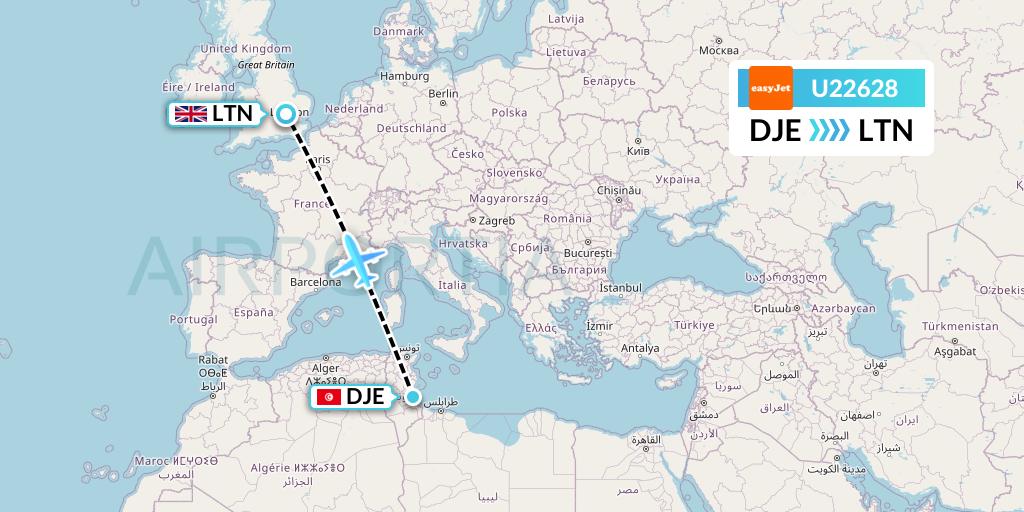 U22628 EasyJet Flight Map: Djerba to London
