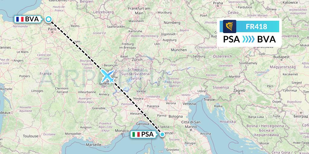 FR418 Ryanair Flight Map: Pisa to Paris
