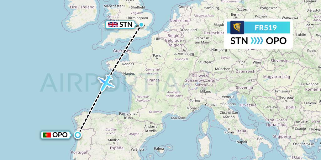 FR519 Ryanair Flight Map: London to Porto
