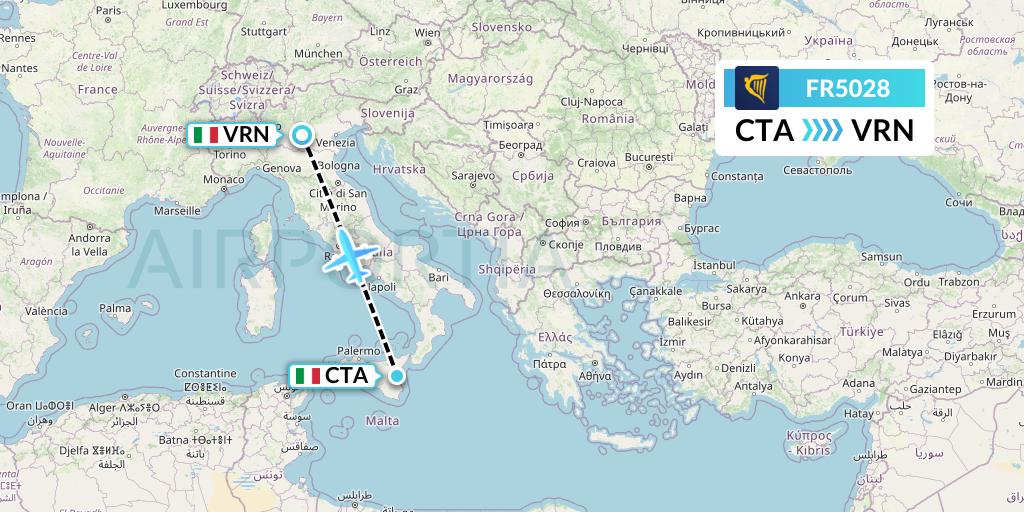 FR5028 Ryanair Flight Map: Catania to Verona