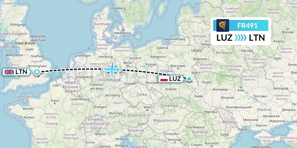 FR491 Ryanair Flight Map: Lublin to London