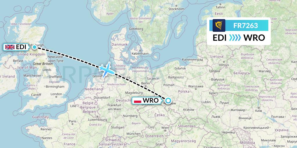 FR7263 Ryanair Flight Map: Edinburgh to Wroclaw