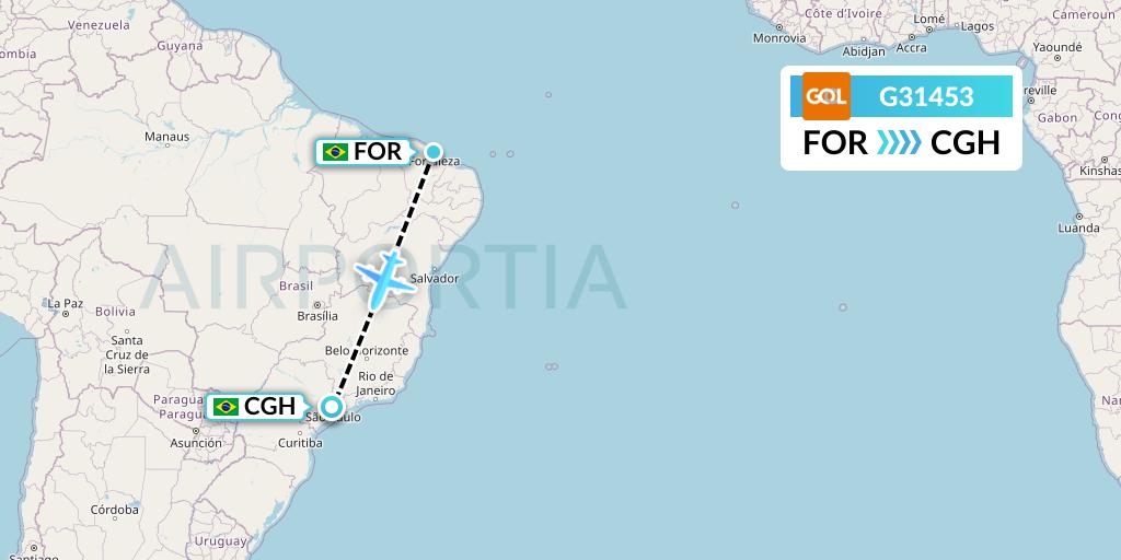 G31453 GOL Transportes Aeros Flight Map: Fortaleza to Sao Paulo