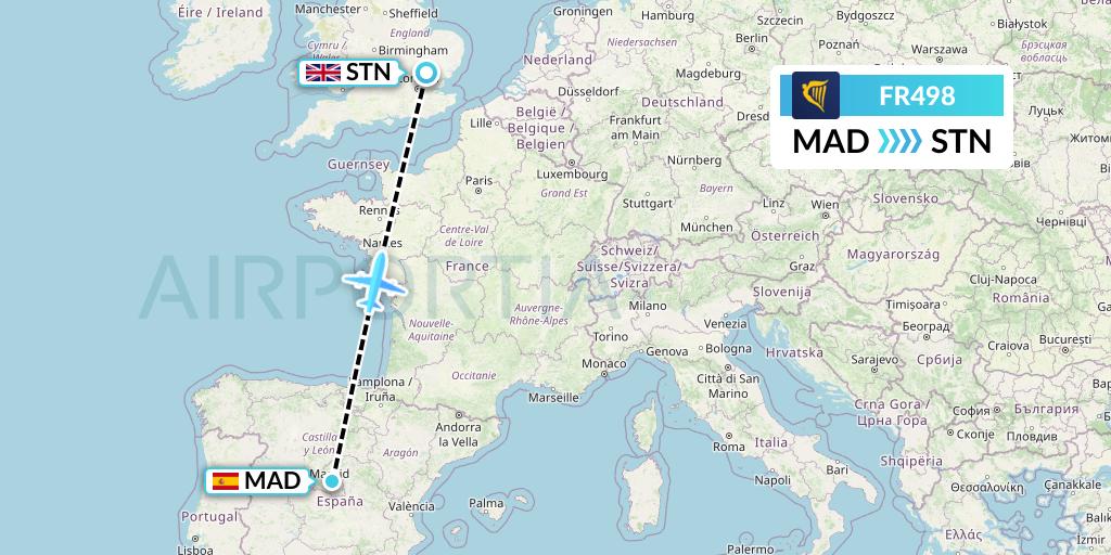 FR498 Ryanair Flight Map: Madrid to London