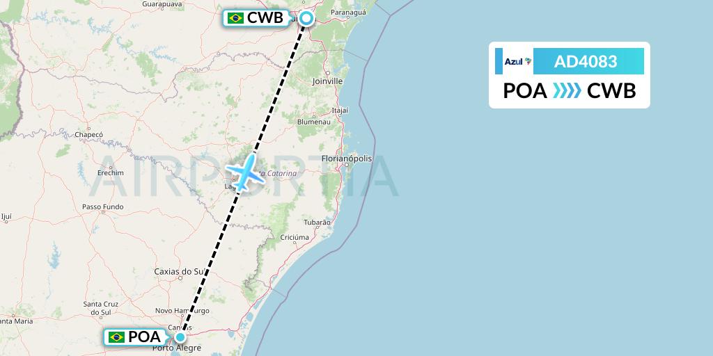 AD4083 Azul Brazilian Airlines Flight Map: Porto Alegre to Curitiba