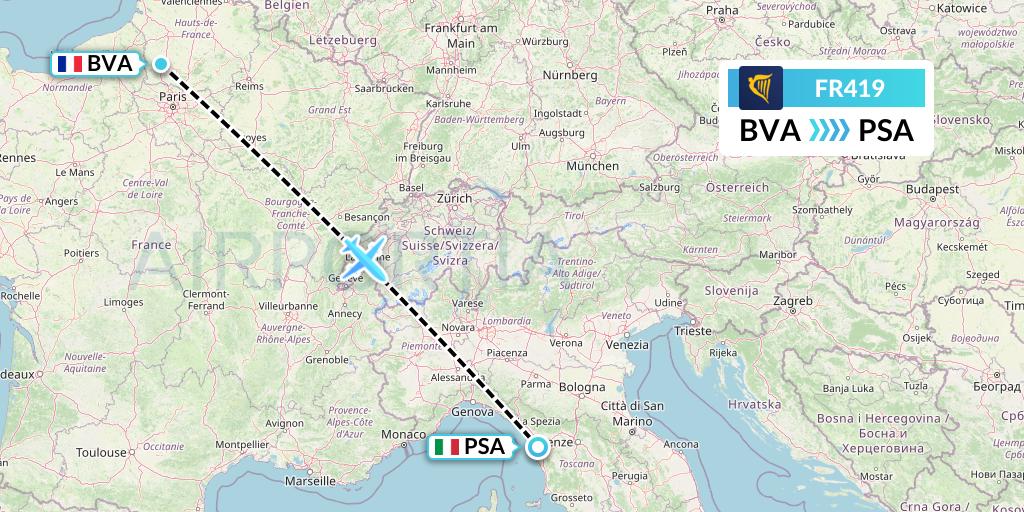 FR419 Ryanair Flight Map: Paris to Pisa