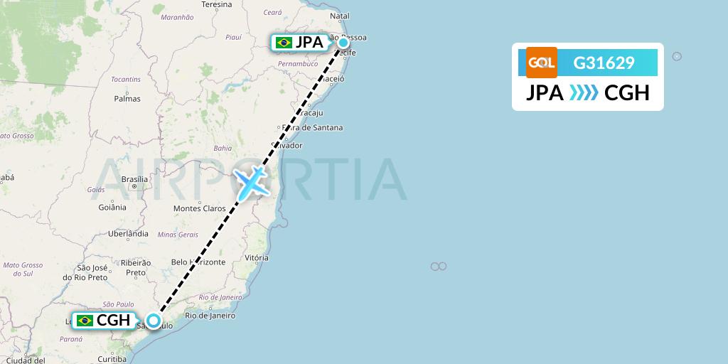 G31629 GOL Transportes Aeros Flight Map: Joao Pessoa to Sao Paulo