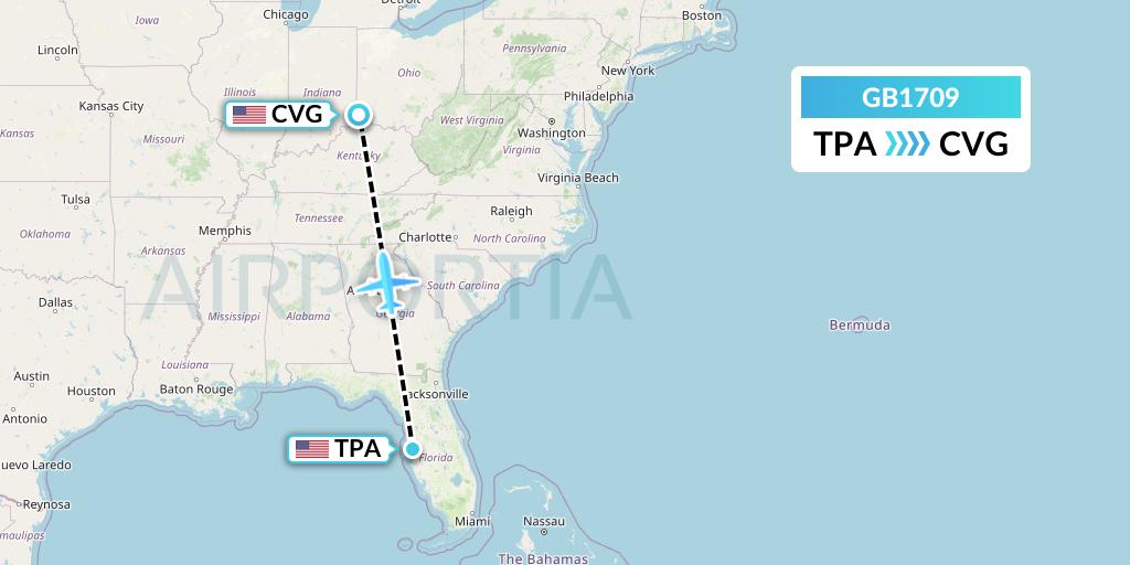 GB1709 ABX Air Flight Map: Tampa to Cincinnati