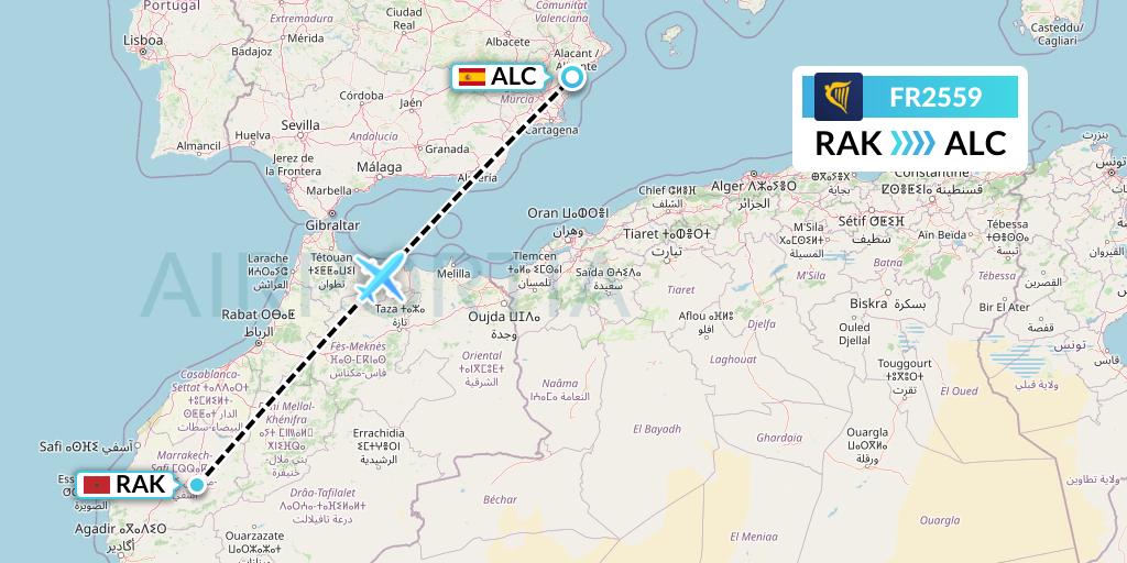 FR2559 Ryanair Flight Map: Marrakesh to Alicante