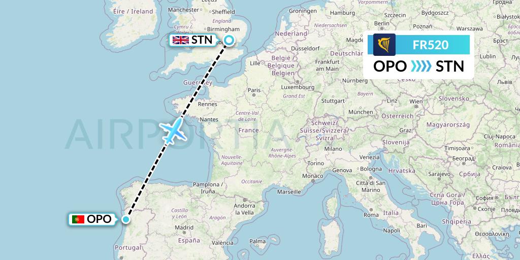 FR520 Ryanair Flight Map: Porto to London