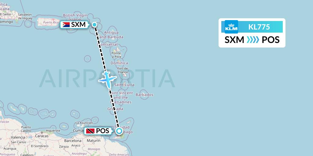 KL775 KLM Flight Map: Sint Maarten to Port of Spain
