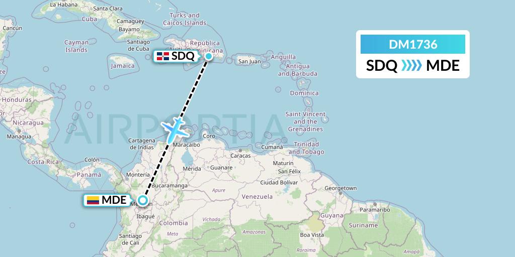 DM1736 Arajet Flight Map: Santo Domingo to Medellin