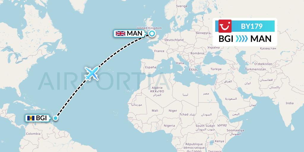 BY179 TUI Airways Flight Map: Bridgetown to Manchester