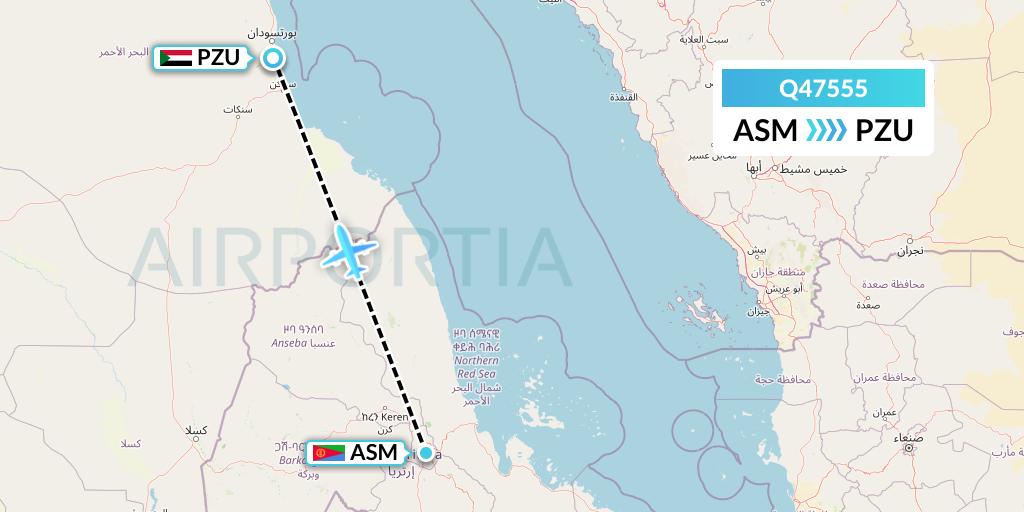 Q47555 Euroairlines Flight Map: Asmara to Port Sudan