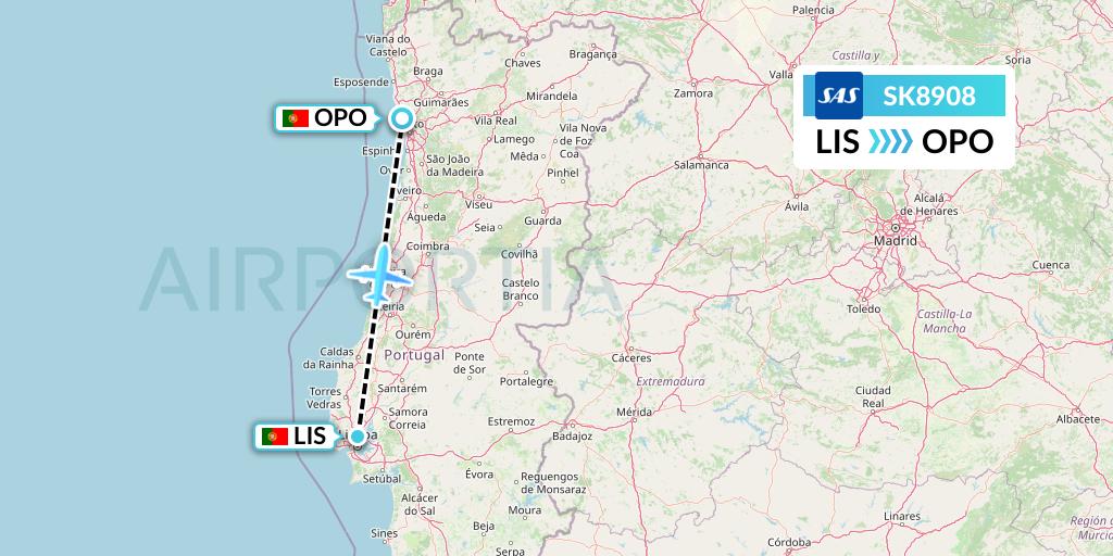 SK8908 SAS Flight Map: Lisbon to Porto