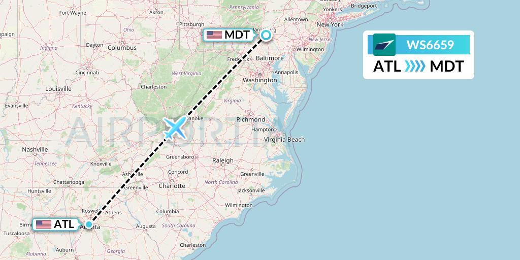WS6659 WestJet Flight Map: Atlanta to Harrisburg