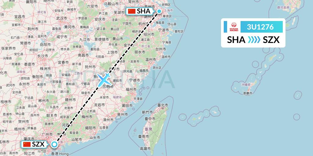 3U1276 Sichuan Airlines Flight Map: Shanghai to Shenzhen