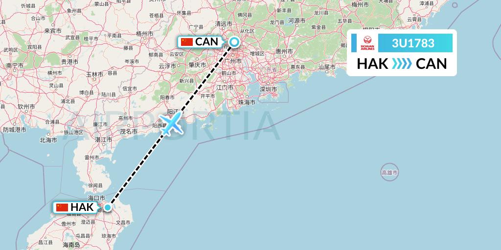 3U1783 Sichuan Airlines Flight Map: Haikou to Guangzhou