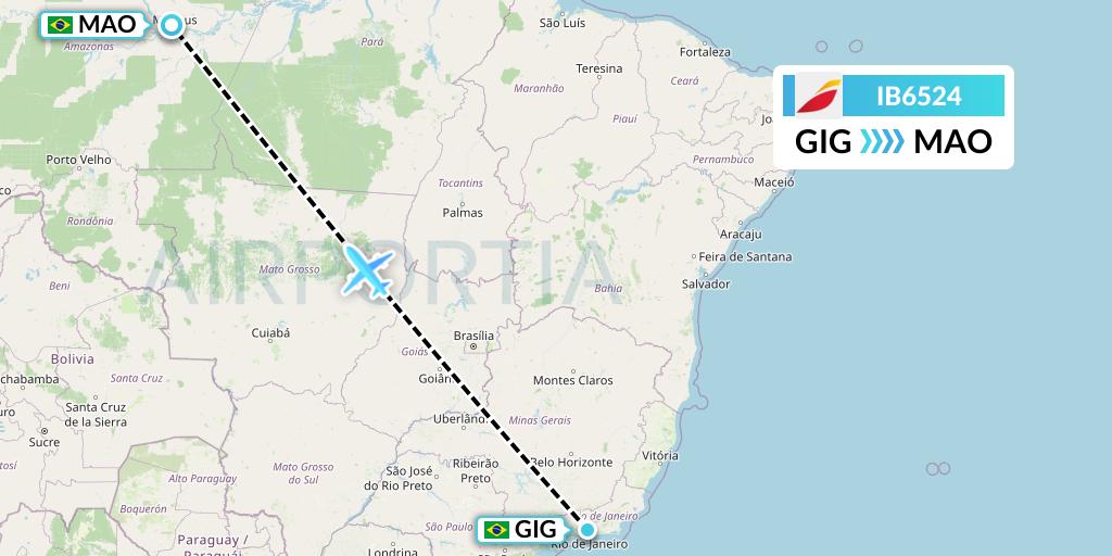 IB6524 Iberia Flight Map: Rio de Janeiro to Manaus