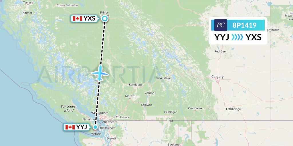 8P1419 Pacific Coastal Airlines Flight Map: Victoria to Prince George