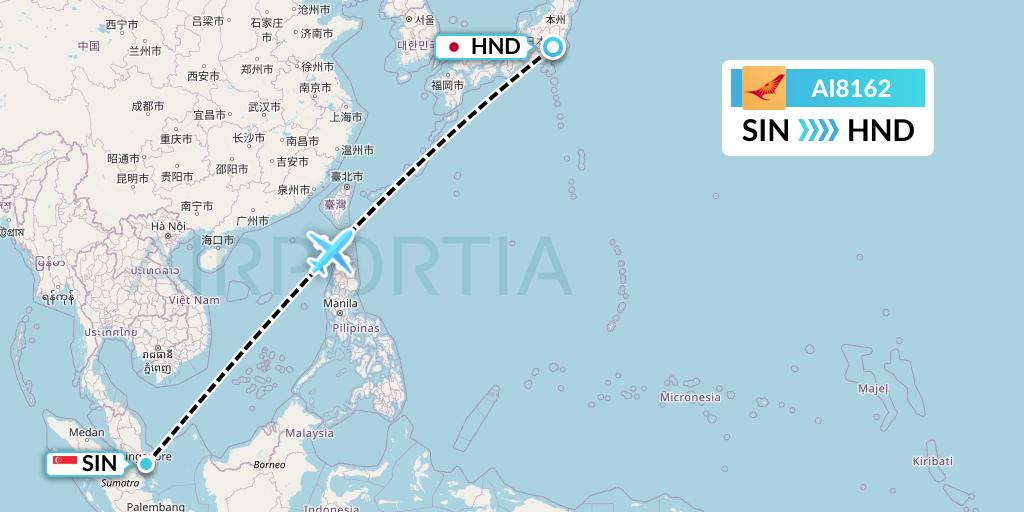 AI8162 Air India Flight Map: Singapore to Tokyo