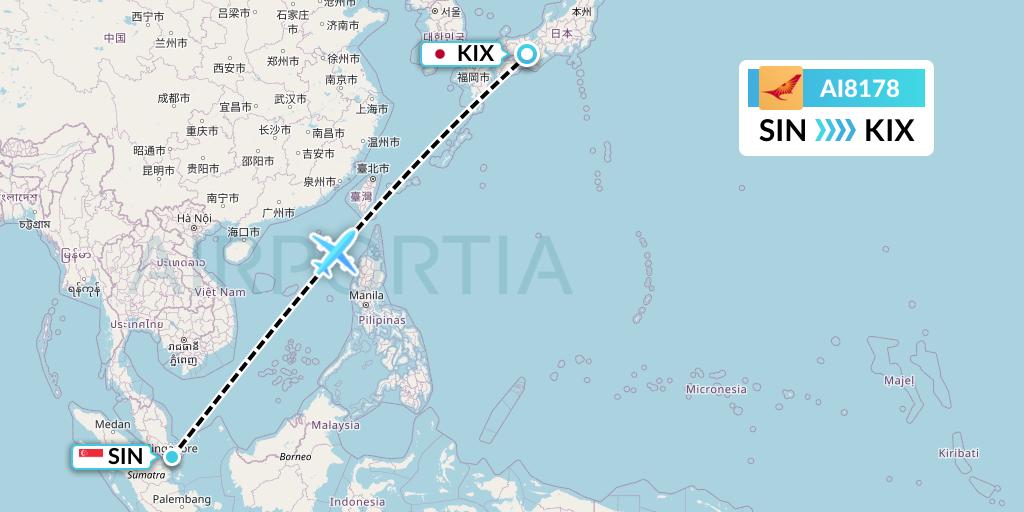 AI8178 Air India Flight Map: Singapore to Osaka
