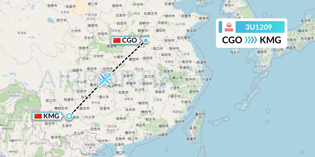3U1209 Sichuan Airlines Flight Map: Zhengzhou to Kunming