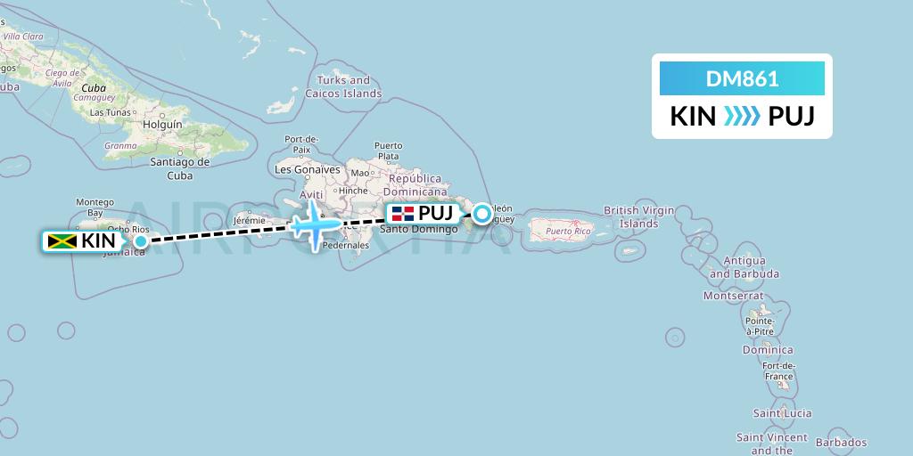 DM861 Arajet Flight Map: Kingston to Punta Cana