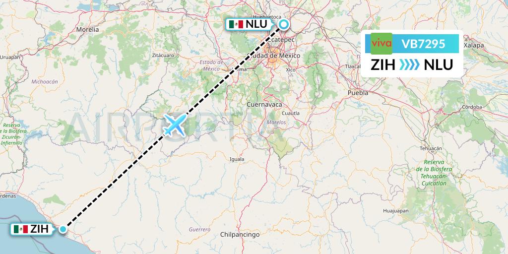 VB7295 VivaAerobus Flight Map: Zihuatanejo to Reyes Acozac