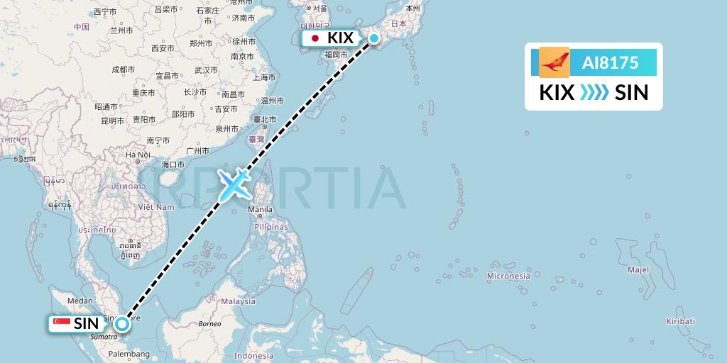 AI8175 Air India Flight Map: Osaka to Singapore