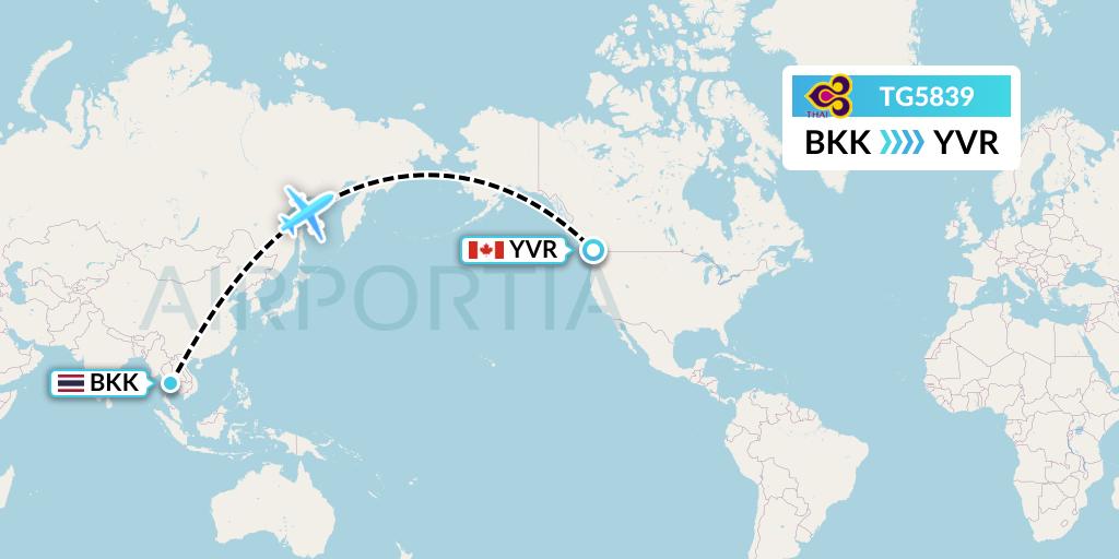 TG5839 Thai Airways Flight Map: Bangkok to Vancouver