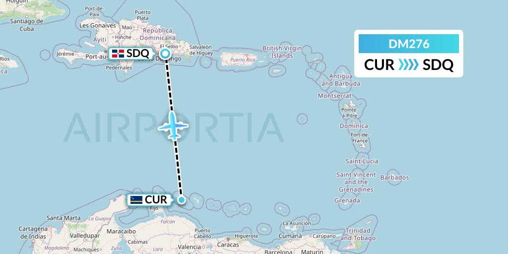 DM276 Arajet Flight Map: Willemstad to Santo Domingo