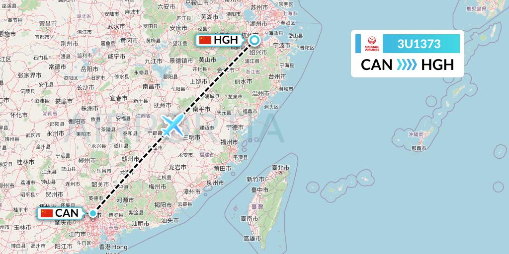 3U1373 Sichuan Airlines Flight Map: Guangzhou to Hangzhou