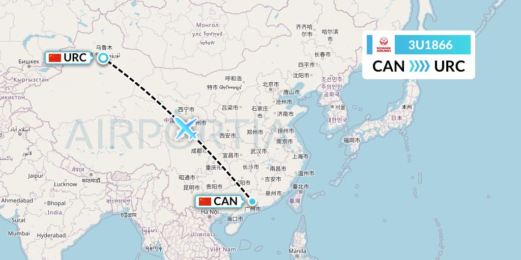 3U1866 Sichuan Airlines Flight Map: Guangzhou to Urumqi