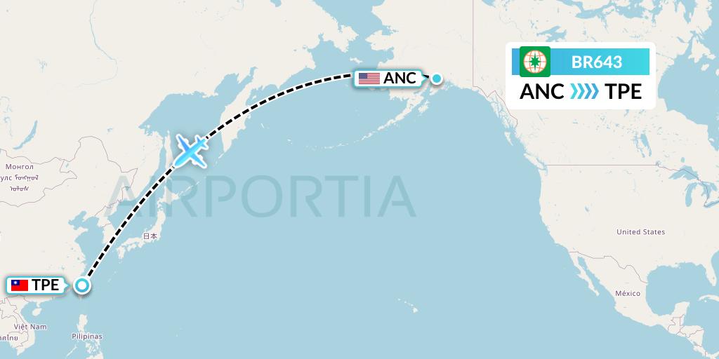BR643 EVA Air Flight Map: Anchorage to Taipei