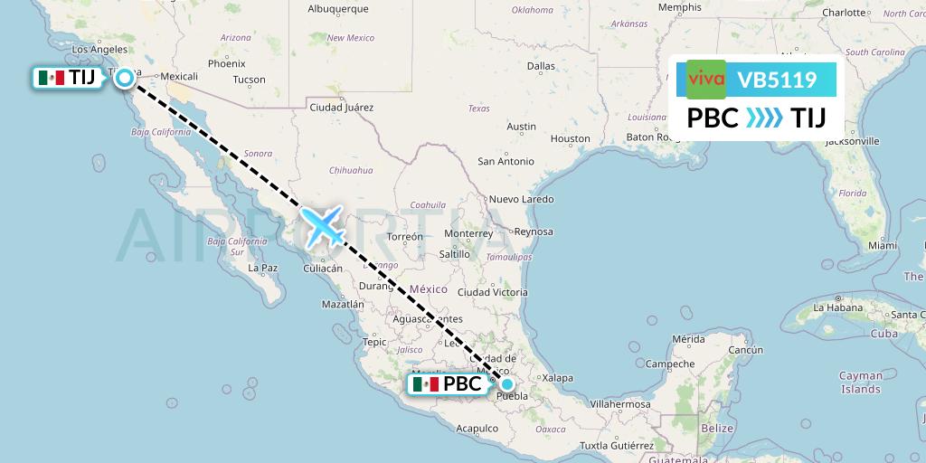 VB5119 VivaAerobus Flight Map: Puebla to Tijuana