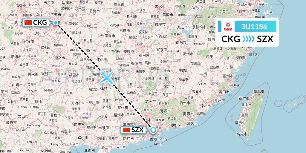 3U1186 Sichuan Airlines Flight Map: Chongqing to Shenzhen