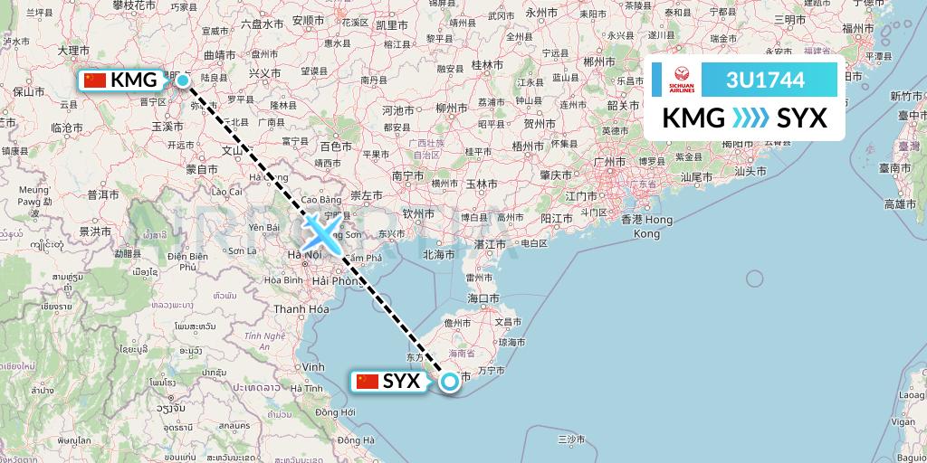 3U1744 Sichuan Airlines Flight Map: Kunming to Sanya