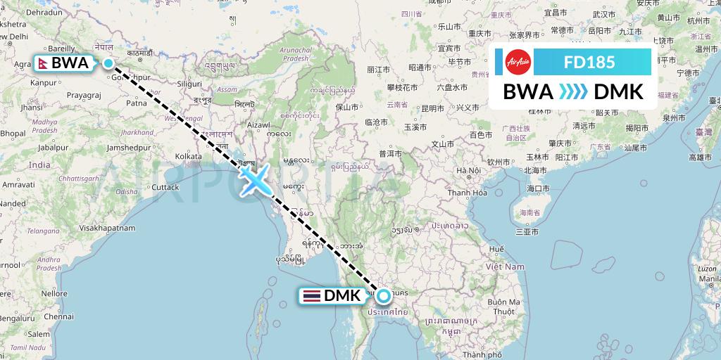 FD185 Thai AirAsia Flight Map: Bhairawa to Bangkok