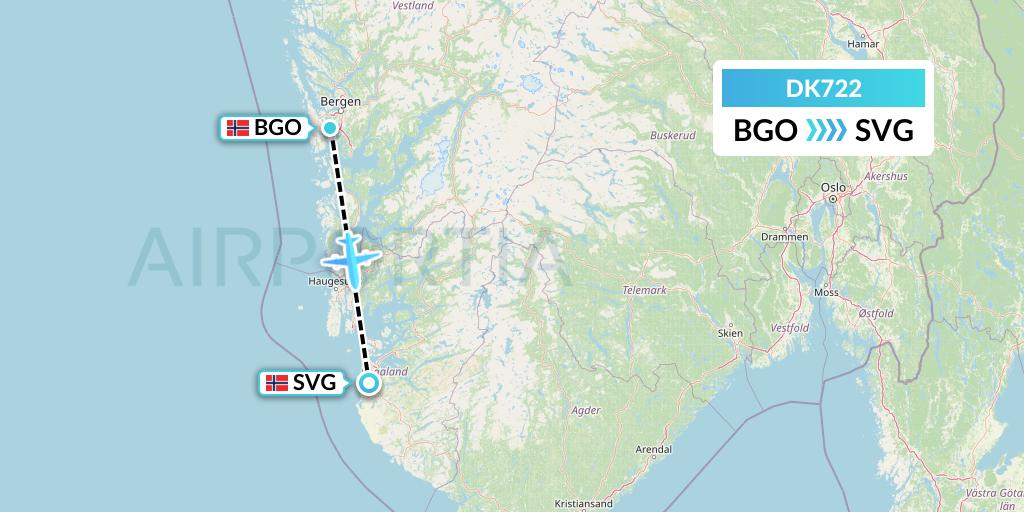 DK722 Thomas Cook Airlines Scandinavia Flight Map: Bergen to Stavanger